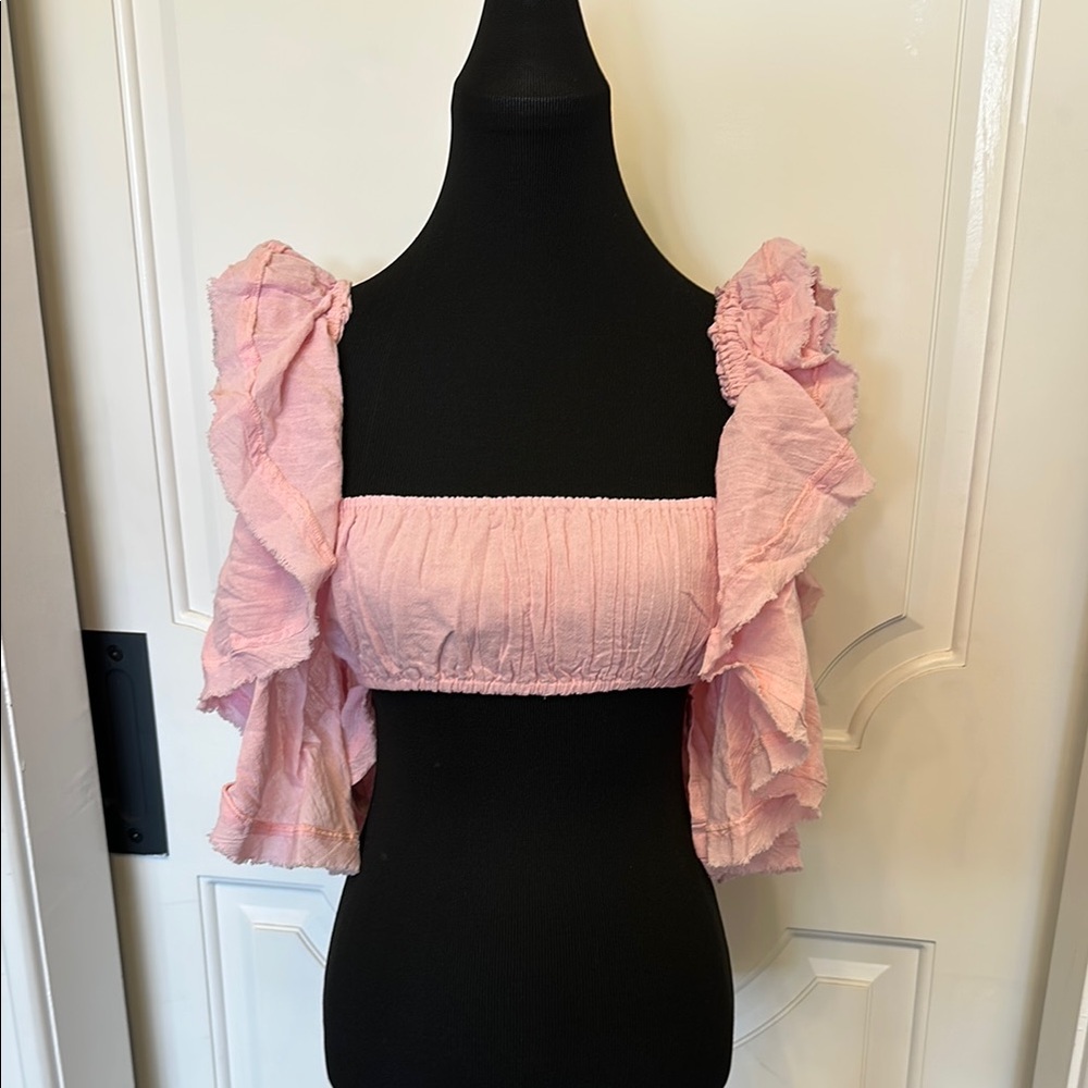 Free People Pink Ruffled Crop Top Shirt Flowy Boho Festival NWOT